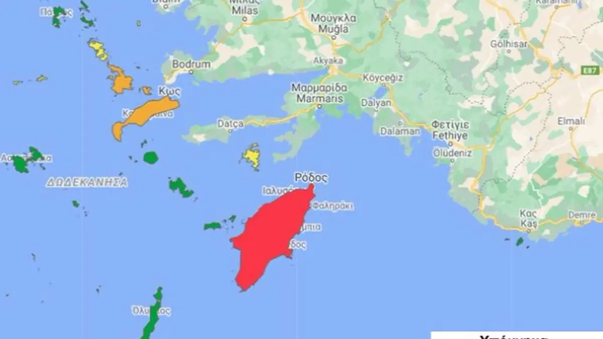 Στο κίτρινο η Λέρος, στο πορτοκαλί Κάλυμνος – Κως, στο «κόκκινο» η Ρόδος